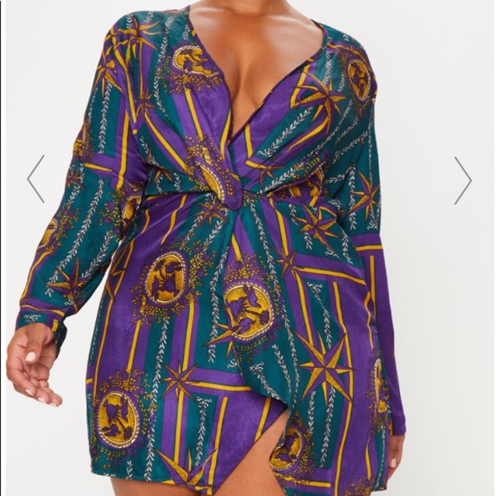Purple, Teal, +Gold Printed Long Sleeve Wrap Dress